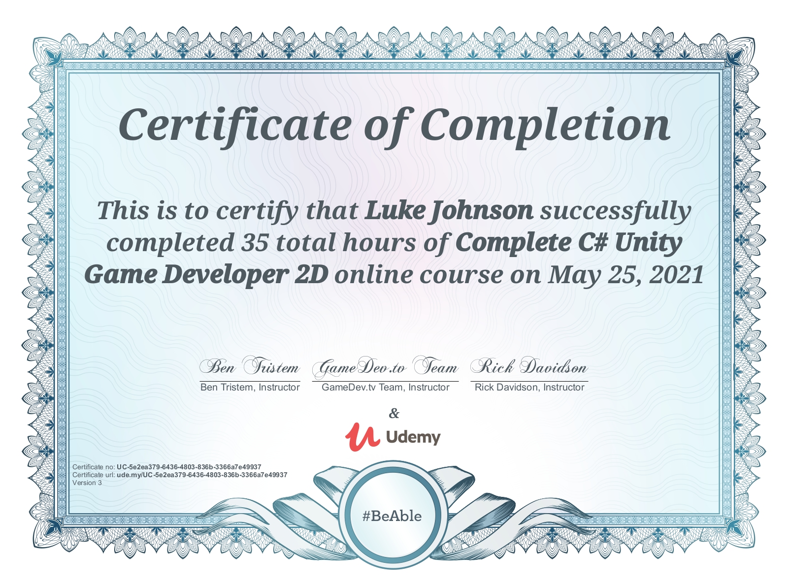 Udemy Complete C# Unity Game Developer 2D Certificate